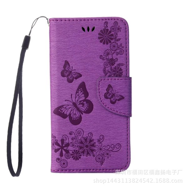 Fodral för iPhone 13 lila präglad fjäril kortplats flip läderplånbok