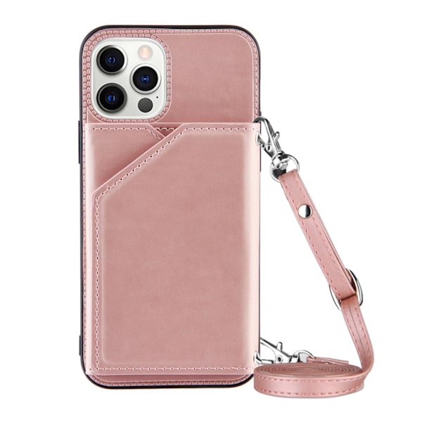 Fodral för iPhone 13pro MAX roséguld långt snöre korthållare i läder med hudkänsla