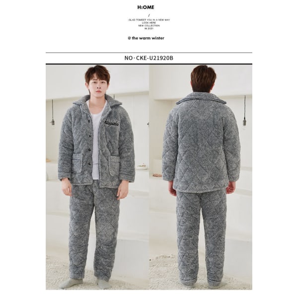 Pehmoiset miesten pyjamat talvipaksutetut pehmoiset kolmikerroksiset puuvillavoileipä keskipitkät ja pitkät kodinvaatteet Grey XXL