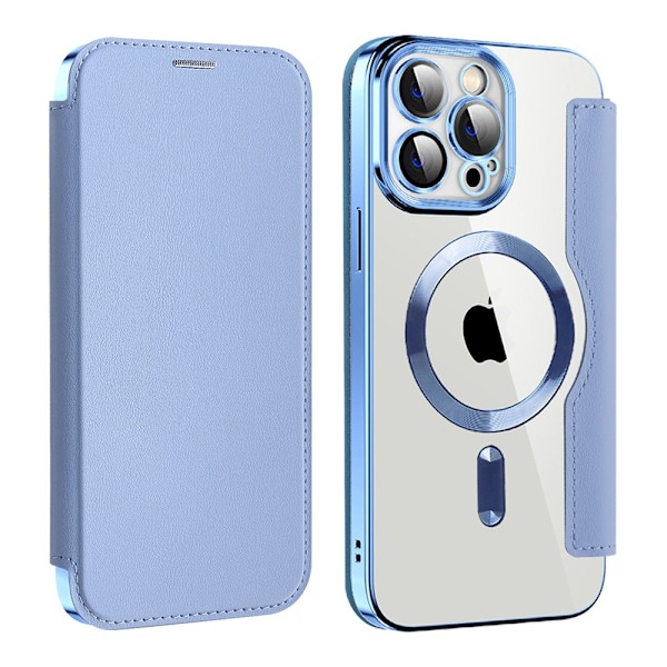 Kotelo iPhone 15 Plus -puhelimelle, sininen, langaton lataus, lompakkomallinen, magneettinen korttipaikka, nahkaa