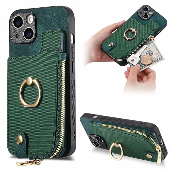 Etui til iPhone15 grøn solid kortholder ring
