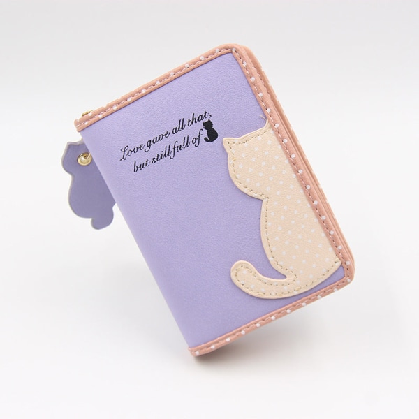 Kvinder pung møntpung Kort Cute Cartoon Halv Kat Lynlås Lille Folde Student Clutch Light purple