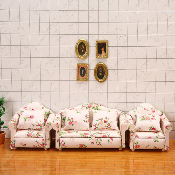 Miniatyrmöbler Leksaksdockor Hus Gör-det-själv-dekoration Tillbehör Mini 1:12 Rosa tyg Liten blommig vardagsrumssoffa Sofa set