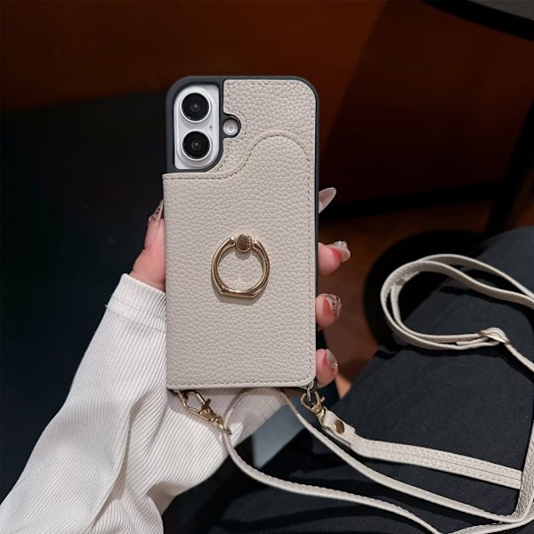 Etui til iPhone 15 6.1 beige crossbody ring fiskehale solid fuld anti-fald sticker