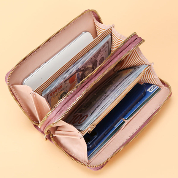 Naisten lompakko kolikkokukkaro korealaistyylinen yksinkertainen kaksinkertainen vetoketju, suuri kapasiteetti useita korttipaikkoja Deep pink