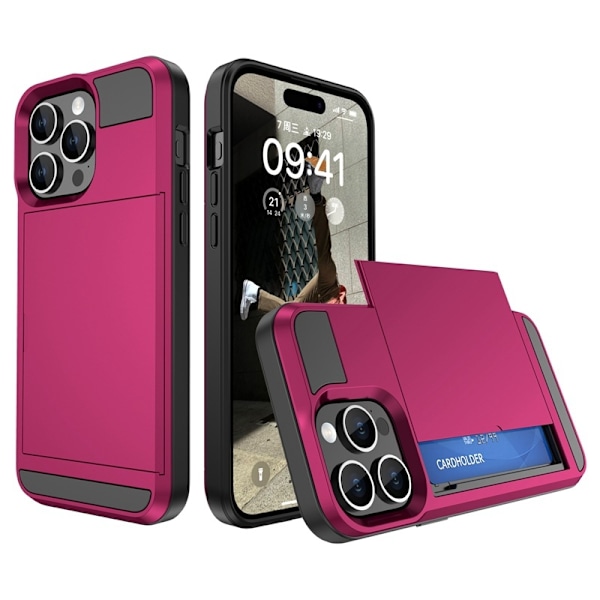 Etui til iPhone 14 Plus med skydbart kortrum, rosarød slot armor