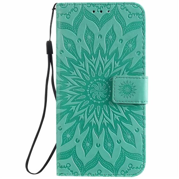 Fodral för iPhone15Plus grönt läder solros präglat totem