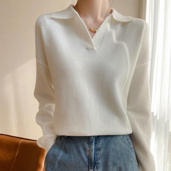Damestrik efterår vinter sweater koreansk stil polo krave pullover bundskjorte ydre løs top White 58*95cm