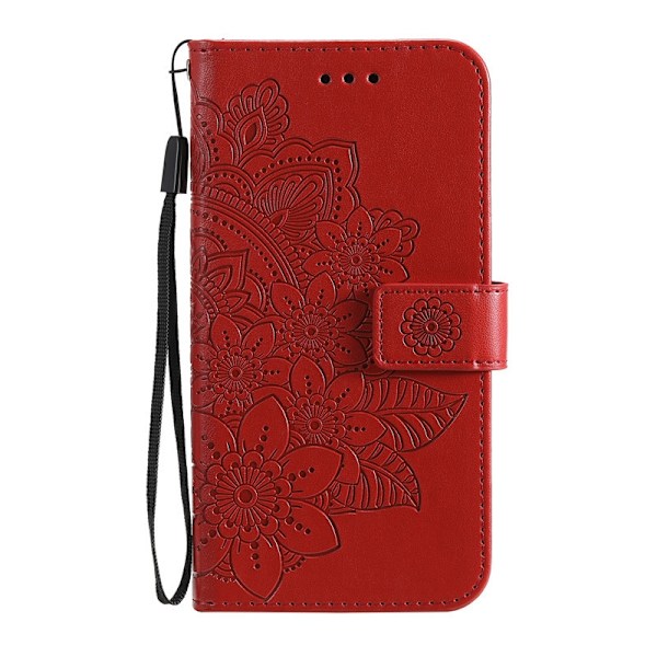 Fodral för iPhone15Pro röd sju kronblad präglat läder sju blommor