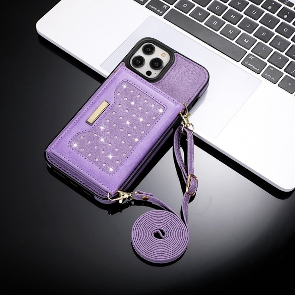 Etui til iPhone 15 Plus lilla tri fold snor taske anti tyveri børste pung læder