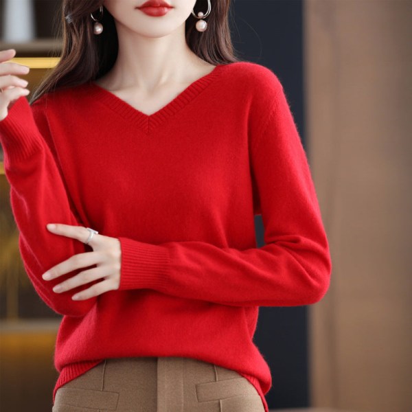 Women Knitwear Autumn Winter Sweater Mohair Large Size round Neck Wool Pullover V-neck Sweater Bright red L