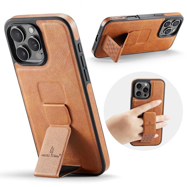 Fodral för iPhone16E 029 brunt handledsläder magnetiskt bakre stöd