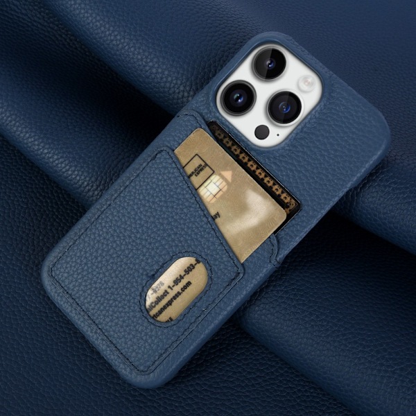 Fodral för iPhone 14plus blått läder litchi kortplats