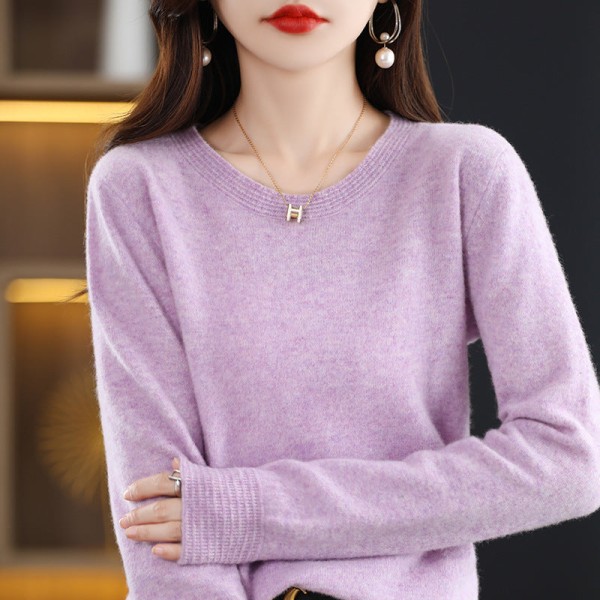 Kvinder Strik efterår vinter sweater rund hals indre base skjorte ensfarvet løs sweater Light purple XXL