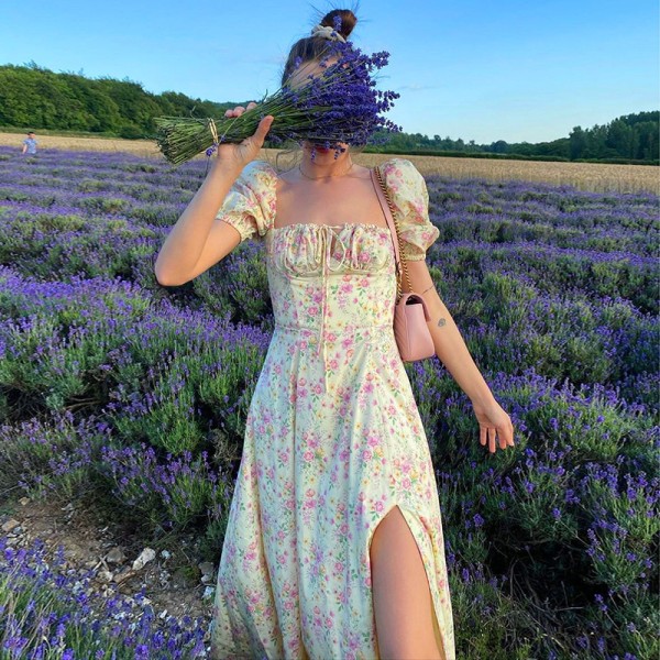 Kjole i fransk stil Floral Slimfitt kjole med splitt stropp for kvinner Yellow L