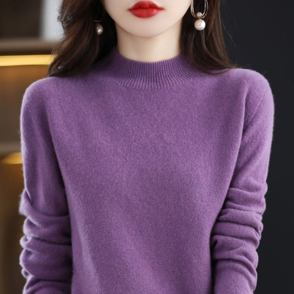 Kvinder Strik Efterår Vinter Sweater Hel Uld Halv rullekrave Front Line Beklædningsgenstande Base Pullover Purple L