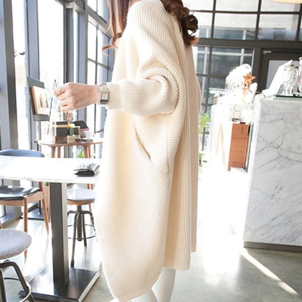 Kvinder Strik Efterår Vinter Sweater Mid-Længde Cardigan Løs Batwing Sleeve Coat Beige 78*116*62cm