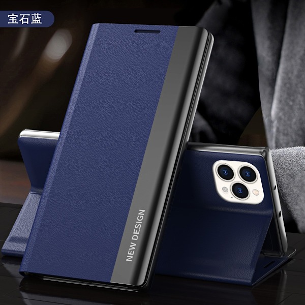 Etui til iPhone 14 safirblå flip magnetisk galvaniseret læder sidevindue usynlig bh