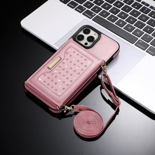 Fodral för iPhone 6 Plus roséguld tri fold snodd väska stöldskydd borste plånbok läder