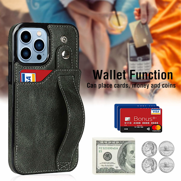 Fodral för iPhone 13 Pro Max 6.7 Apple grön baksida handledsband kortplats läder