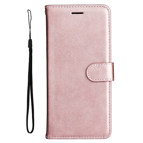 iPhone 15 Plus -kotelo, ruusukulta, kreikkalaistyylinen klassinen kiinteä nahka, korttipaikka ja naru
