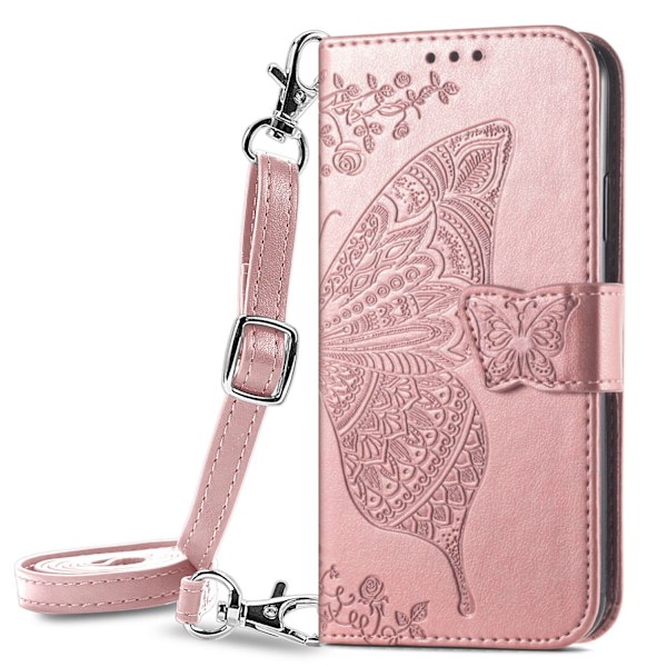Fodral för iPhone 13 Pro Max roséguld läder crossbody midja långt snöre plånbok