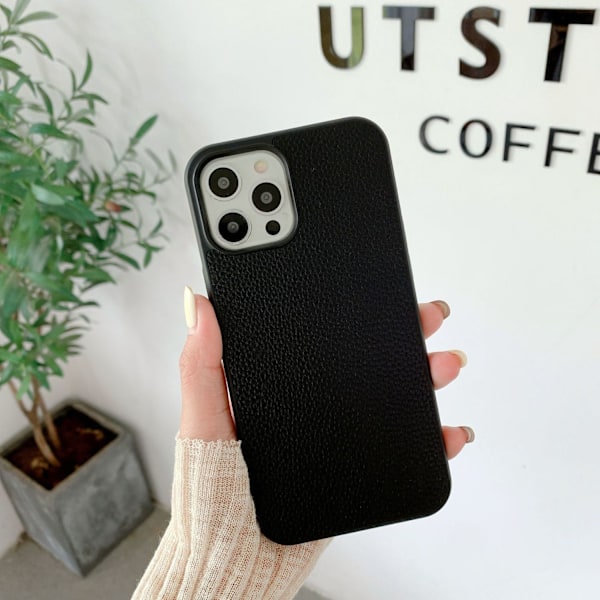 Etui til iPhone 13 sort lychee læder retro mønster