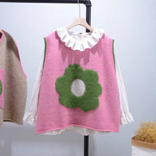 Kvinder Strik Efterår Vinter Sweater Koreansk Stil Blomstervest Slankende Løs rund hals Overtøj Pink 60*110cm