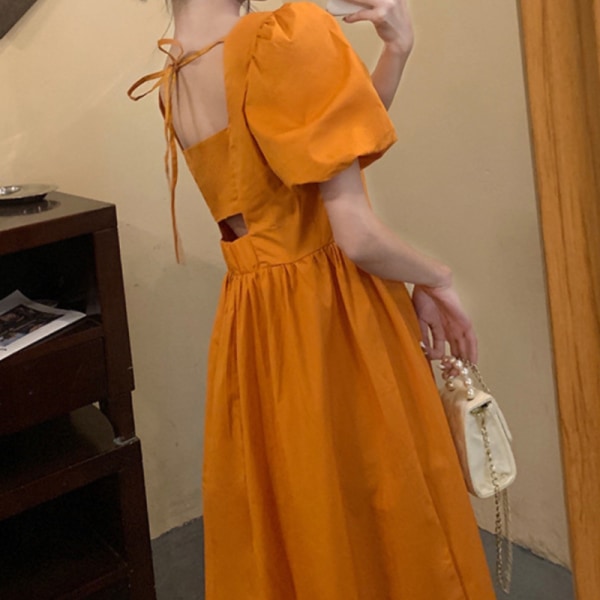 Ranskalainen mekko Naisten kesäinen selkänojaton vyötäröllä leikattu temperamentti pitkä mekko Orange M