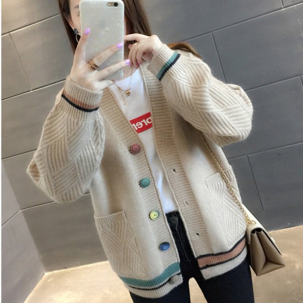 Damestrik efterår vinter sweater løs koreansk stil V-hals matchende lille cardigan frakke Khaki 58*100*45cm