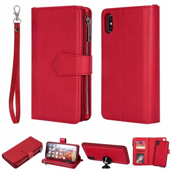 Etui til iPhone 15 rød læder split wallet kortholder 2 i 1 lynlås