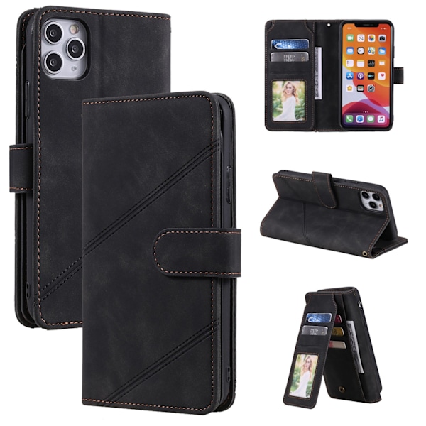 Etui til iPhone 13 mini sort hudfølelse multi kort tryk linje kort slot flip wallet læder