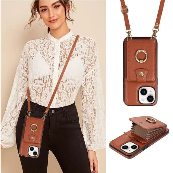 Etui til iPhone 13 MINI kaffe crossbody harmonika ring kortholder multi kort fuld stan