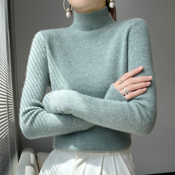 Kvinder Strik Efterår Vinter Sweater Halv rullekrave Cashmere Løs cardigan bundskjorte Mint Green L