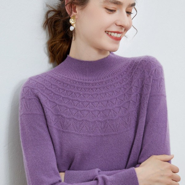 Strik til kvinder efterår vinter sweater Blød klæbende sømløs uld hult overtøj med halv krave Purple cashmere S