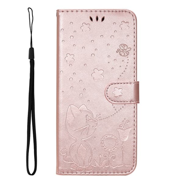 Etui til iPhone 13ProMax Rose Gull Preget Kattebie Lær Etui Preget