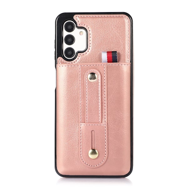 Kotelo iPhone 14 Promaxille, ruusukultainen korttipaikka, rengas, nahkainen pidike, lompakko