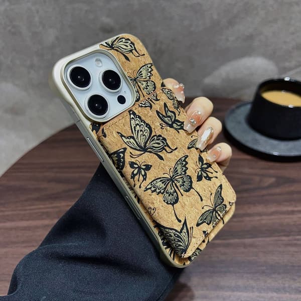 Etui til iPhone 14Plus /15plus gull sommerfugl magnetisk treholder kort separat