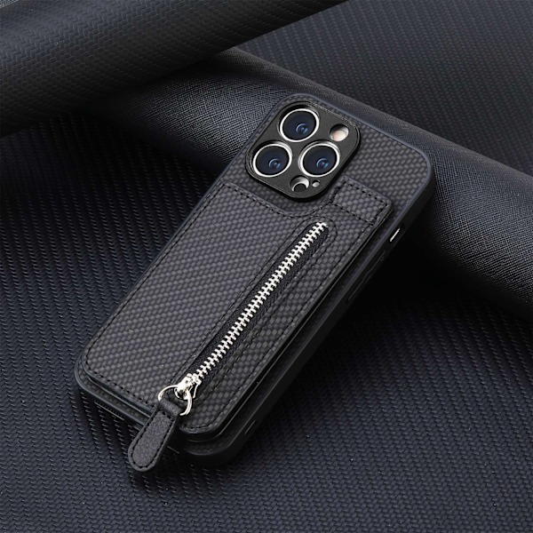 Kotelo iPhone 15 Pro Max -puhelimelle, musta, ylä- ja alaosasta avattava, korttipidike, lompakkomallinen, jalusta, vetoketjullinen laukku sl