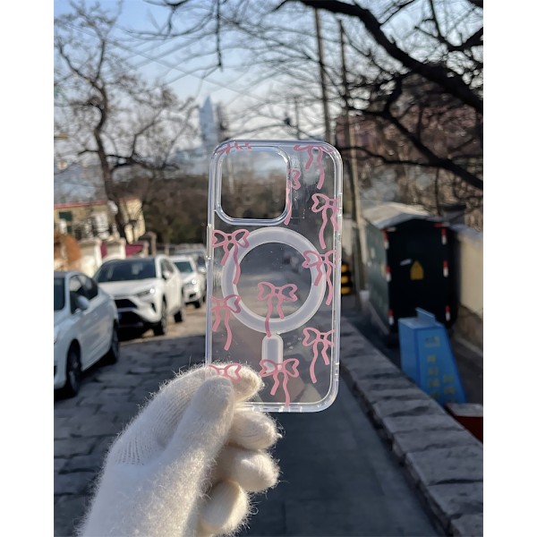 Skal för iPhone15Pro magnetisk akryl rosa rosett enkel skal korthållare