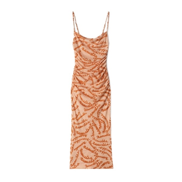 Fyrkantig krage Stretch Slim Fit Printing Slip Dress Medellängd Orange L