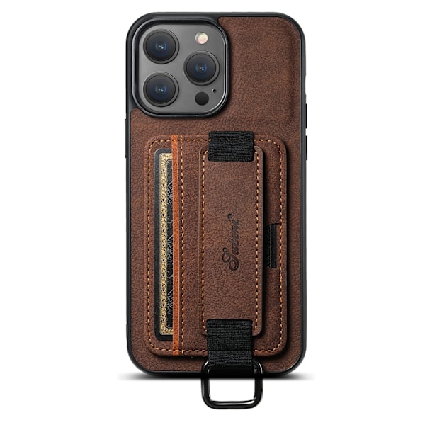 Etui for iPhone16 H13 lychee brun kortinnsetting håndleddsstropp holder lær