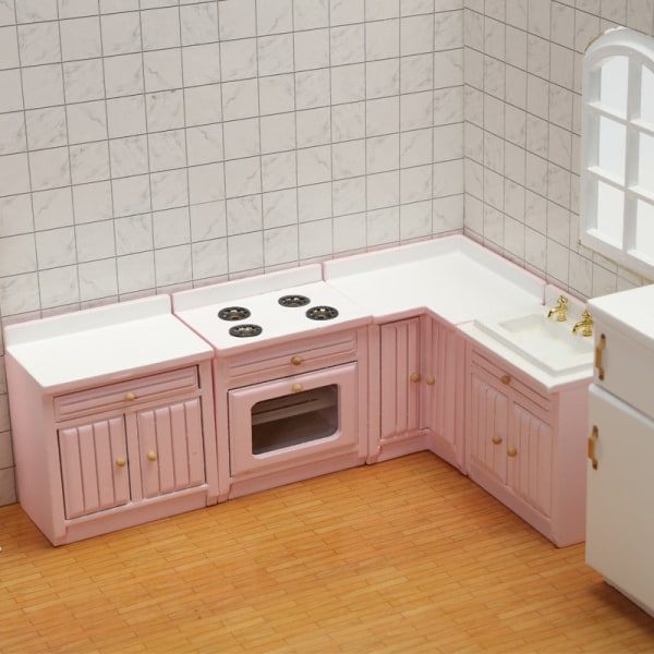 Pienoishuonekalut Lelunuket Talo Tee-se-itse-sisustustarvikkeet Mini 1:12 Keittiön tiskiallaskaappi Pink kitchen counter