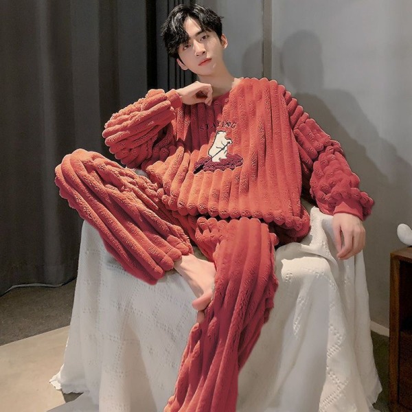Herre pyjamas i fortykket flannel Coral Fleece-foret hjemmedragt Beige 3XL [180-210 kg]