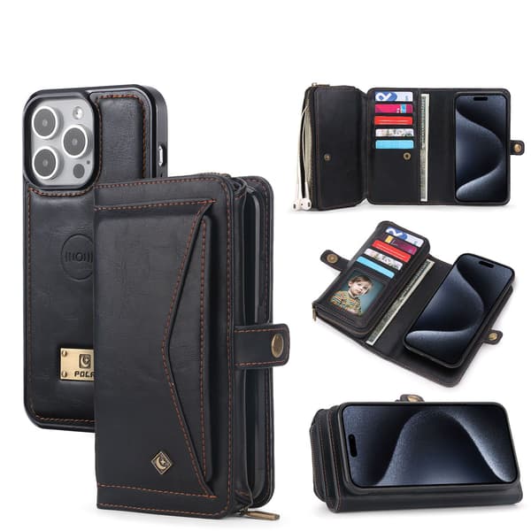 Etui til iPhone15PLUS sort multifunktionelt tri fold wallet universal læder bil magnetisk sugekop