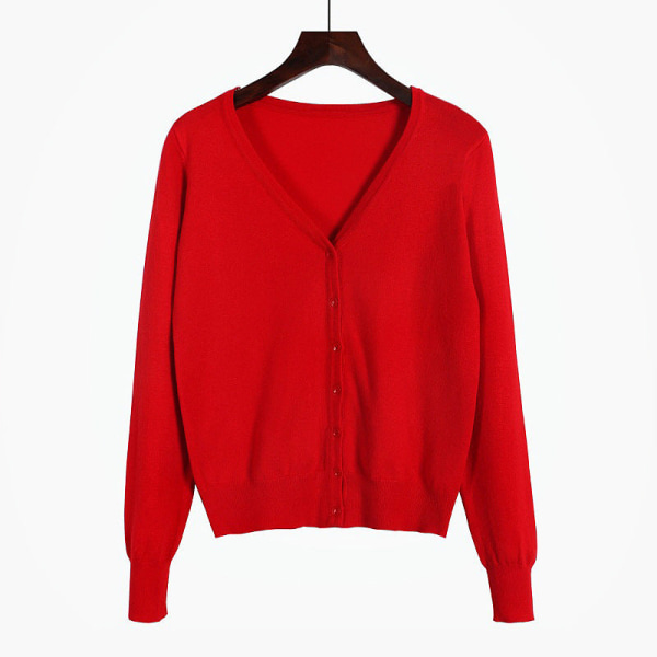 Kvinder Strik Efterår Vinter Sweater Cardigan Langærmet V-hals Aircondition skjorte Slankende Bright red XXXL