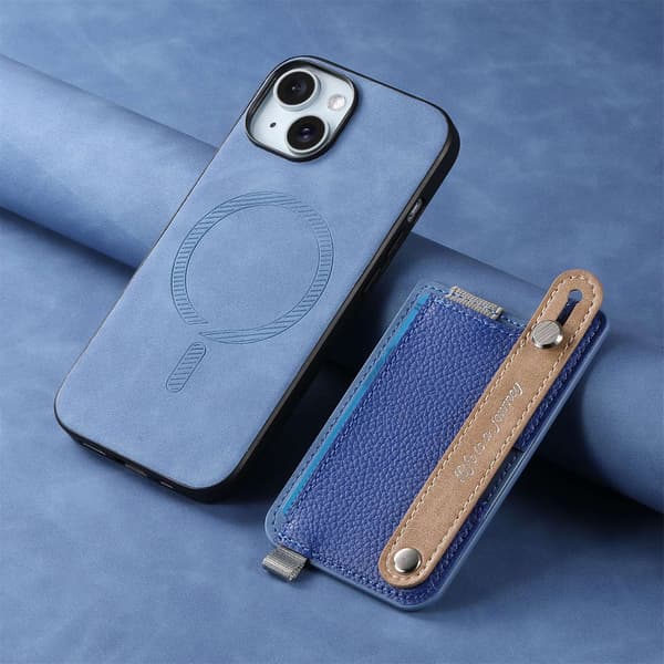 Etui til iPhone 16, blå magnetisk kortholder og pung