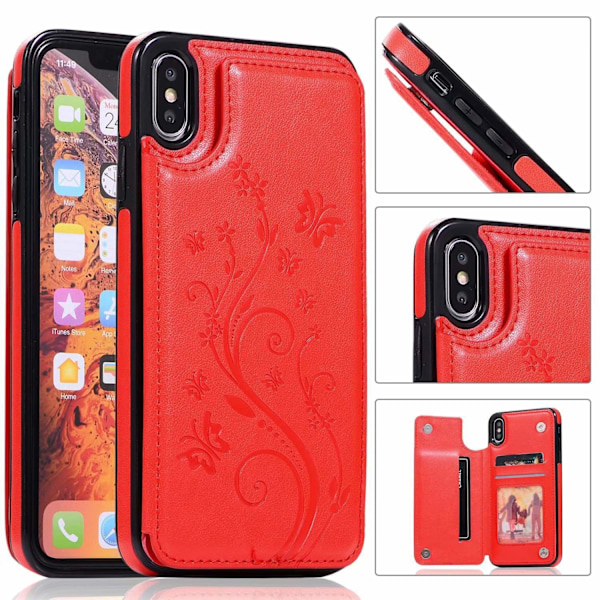 Etui til iPhone 14 rød præget sommerfugl kortslot kærlighedsblomst dobbelt spændeholder