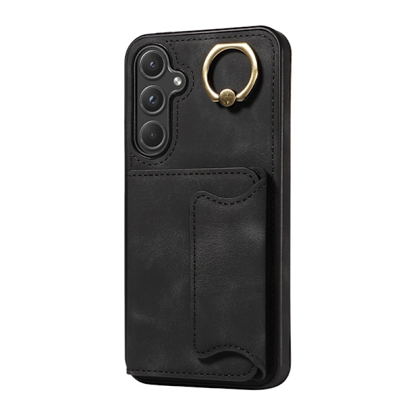 Etui til iPhone 15 sort hudfølelse anden generations ring spænde venstre og højre åbning hudfølelse
