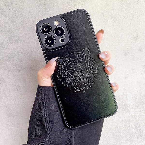 Kotelo iPhone 15 Plus -puhelimelle, musta tiikerinpää, nahkaa, trendikäs, pehmeä ja täysin suojaava pariskuntakotelo